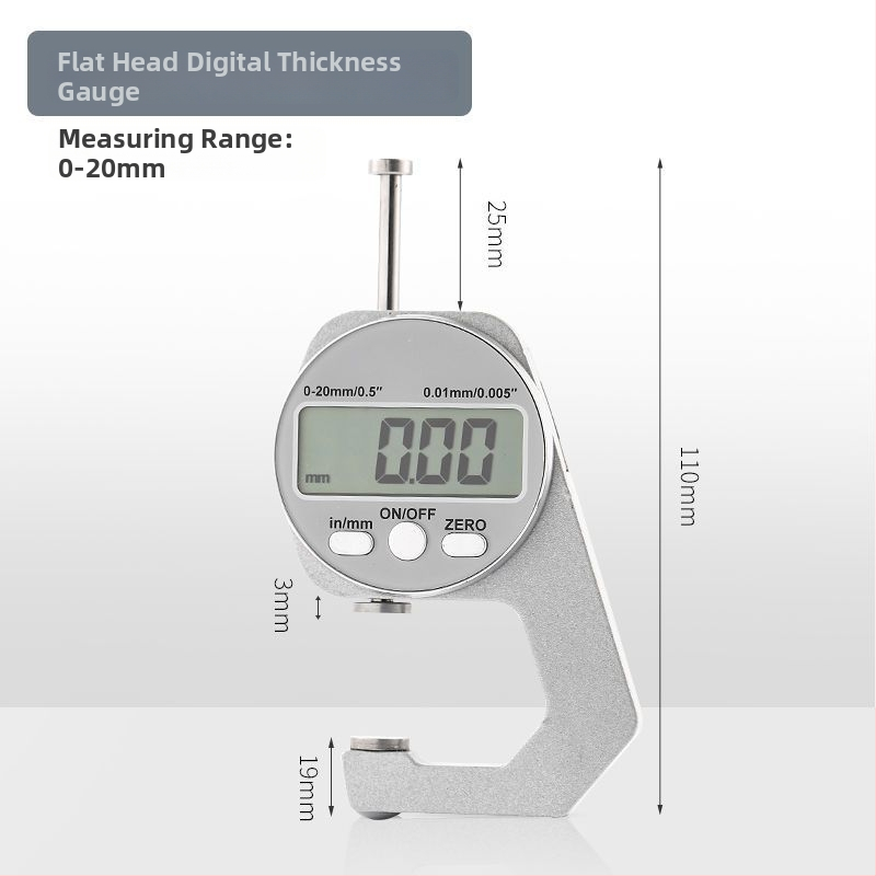 Elektroniskais digitālais biezuma mērinstruments ar augstu precizitāti — mikrometra kalibrators ar plakano un šauru galu, paredzēts stikla, papīra un lokšņu materiālu biezumam