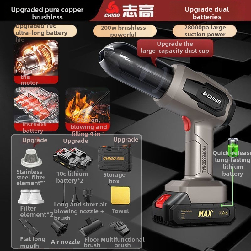 Chigo ръчен вакуум за автомобил — 200W, 20000Pa, безжично захранване и зареждане