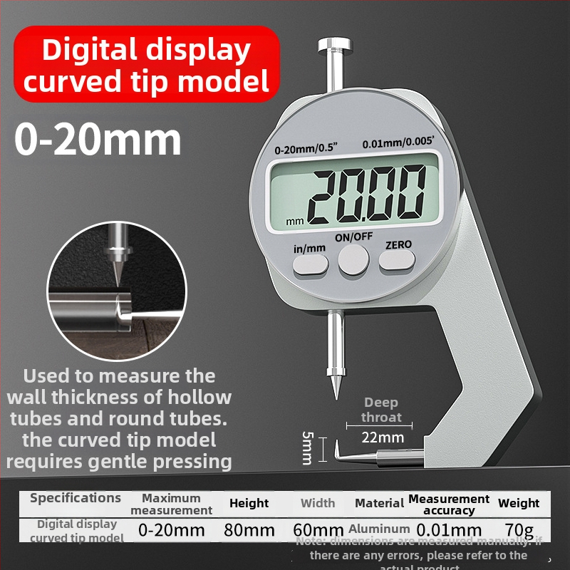 Digitālais biezuma mērītājs, elektroniskais biezuma mērītājs, mini kalipers, mērījumu diapazons 0-10 mm un 0-20 mm, plakanais gals, asais gals un izliektais gals, Cassiolo