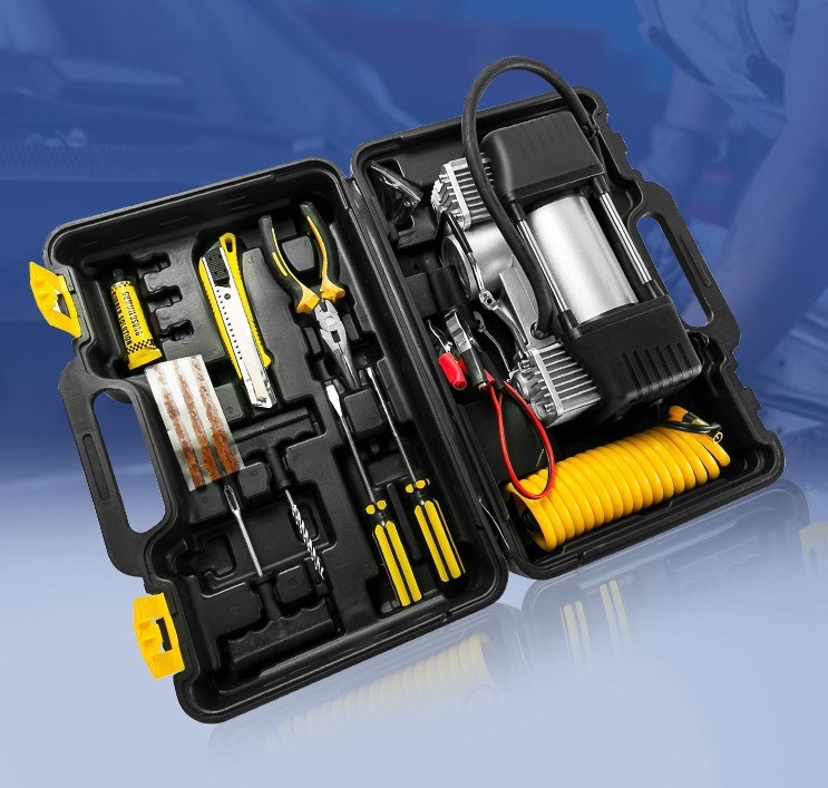 Prijenosna električna pumpa za auto gume, dvostruki cilindar, 12V, 200W, 70 L/min, manometar