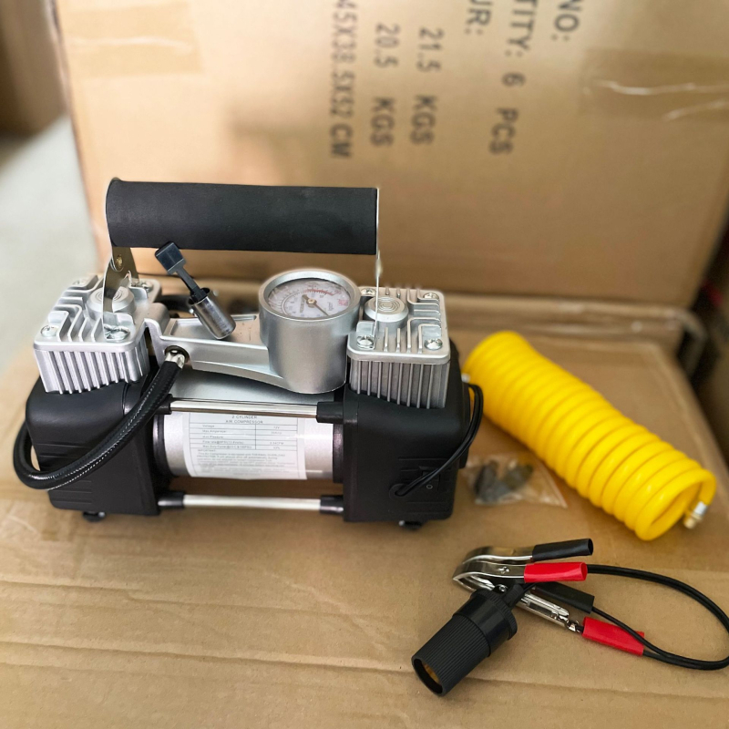 Prijenosna električna pumpa za auto gume, dvostruki cilindar, 12V, 200W, 70 L/min, manometar