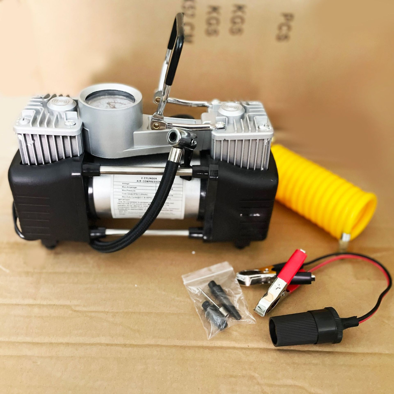 Prijenosna električna pumpa za auto gume, dvostruki cilindar, 12V, 200W, 70 L/min, manometar