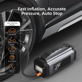 Φορητός ασύρματος συμπιεστής ελαστικών αυτοκινήτου με ενσωματωμένη μπαταρία λιθίου, εκκίνηση έκτακτης ανάγκης και power bank — όλα σε ένα, 12V, 120W, 25 L/min, ψηφιακή οθόνη