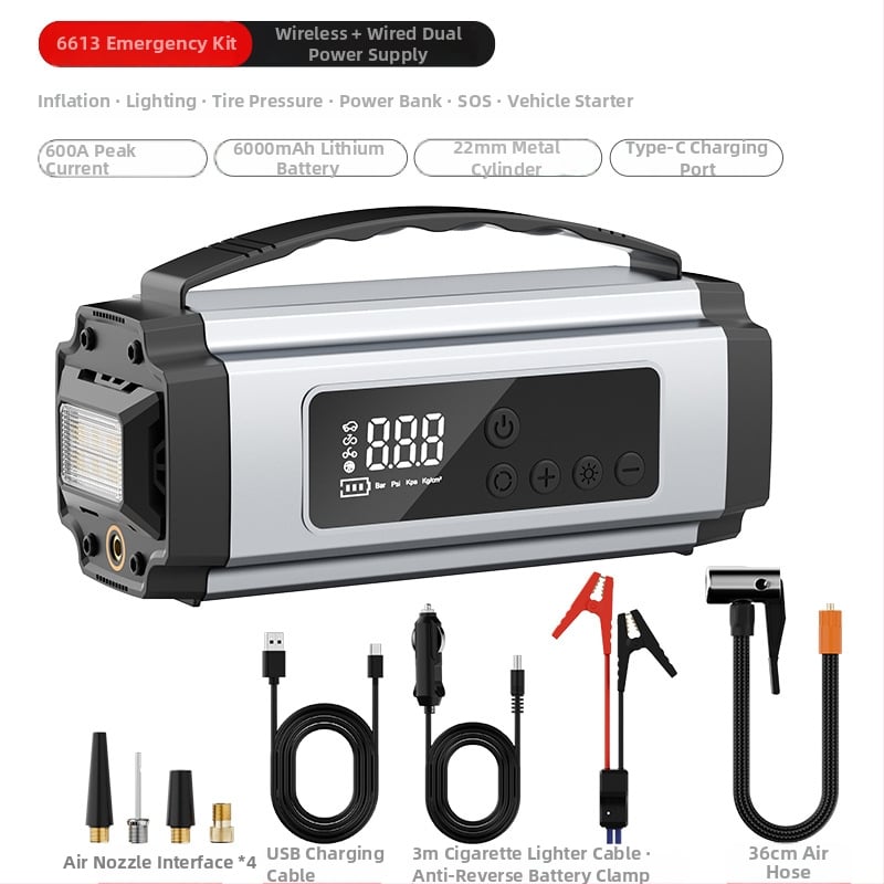 Φορητός ασύρματος συμπιεστής ελαστικών αυτοκινήτου με ενσωματωμένη μπαταρία λιθίου, εκκίνηση έκτακτης ανάγκης και power bank — όλα σε ένα, 12V, 120W, 25 L/min, ψηφιακή οθόνη