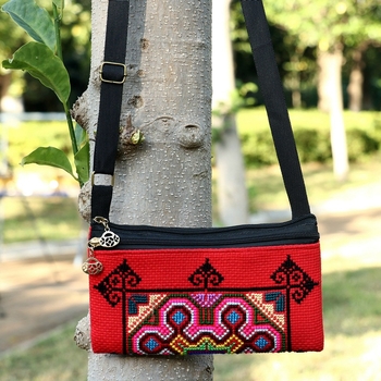 Yunnai народно-стилна бродирана кръстосана чанта-портфейл с цип, памук и лен, вътрешен джоб за телефон