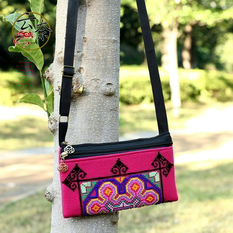 Yunnai народно-стилна бродирана кръстосана чанта-портфейл с цип, памук и лен, вътрешен джоб за телефон