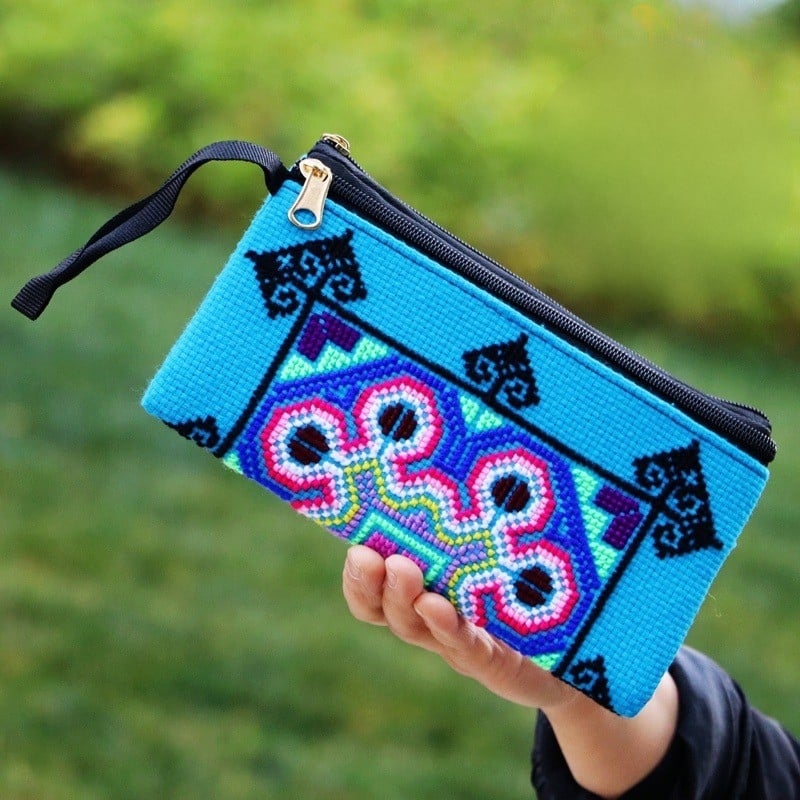 Yunnai народно-стилна бродирана кръстосана чанта-портфейл с цип, памук и лен, вътрешен джоб за телефон