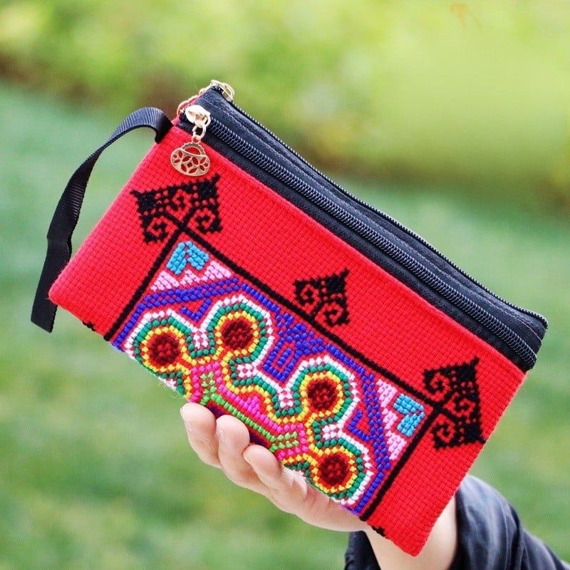 Yunnai народно-стилна бродирана кръстосана чанта-портфейл с цип, памук и лен, вътрешен джоб за телефон