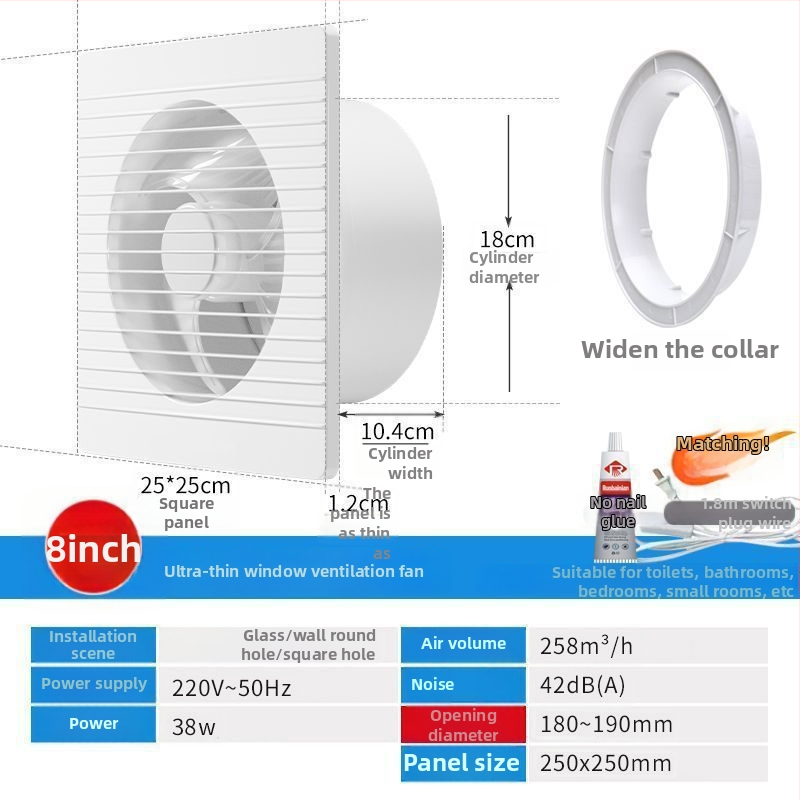 Fali szerelésű ventilátor, háromlapátos, csendes, réz motor, távirányító, konyha- és fürdőszobai szellőztetéshez