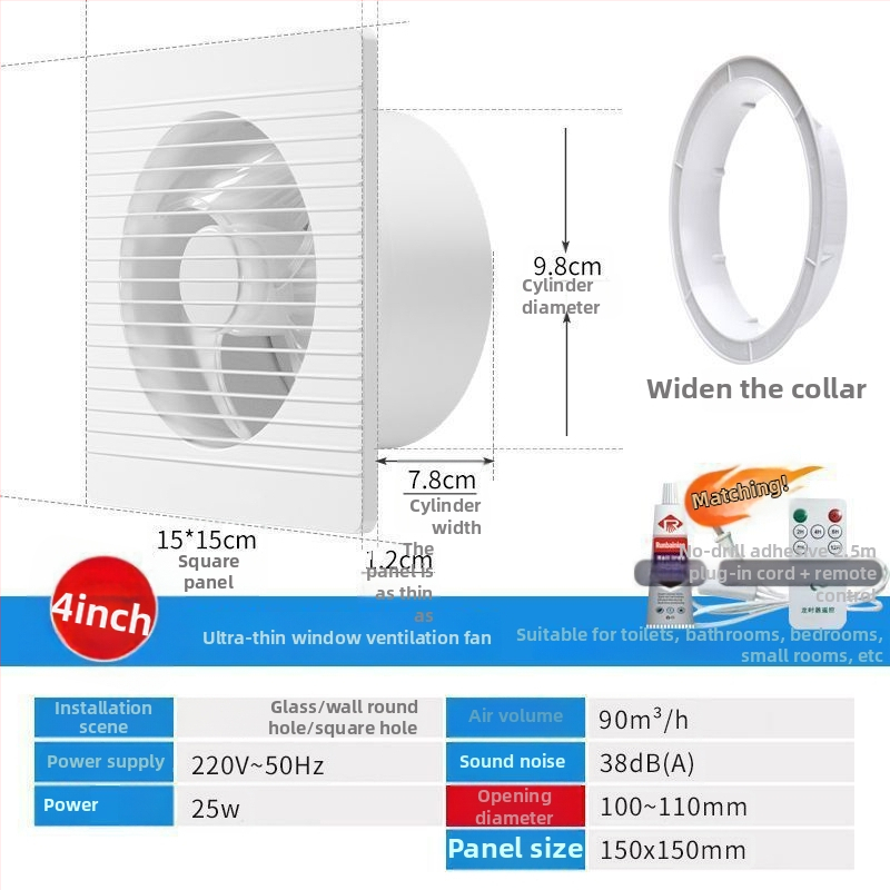 Fali szerelésű ventilátor, háromlapátos, csendes, réz motor, távirányító, konyha- és fürdőszobai szellőztetéshez