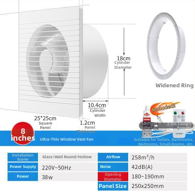 Fali szerelésű ventilátor, háromlapátos, csendes, réz motor, távirányító, konyha- és fürdőszobai szellőztetéshez