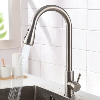 Многофункционален кухненски смесител с издърпване, 304 неръждаема стомана, сатенено покритие, керамичен диск клапан, монтаж на плот, повдигане
