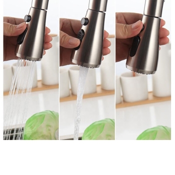 Многофункционален кухненски смесител с издърпване, 304 неръждаема стомана, сатенено покритие, керамичен диск клапан, монтаж на плот, повдигане