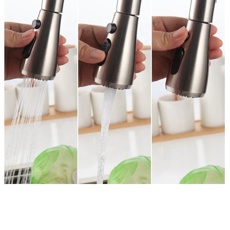 Многофункционален кухненски смесител с издърпване, 304 неръждаема стомана, сатенено покритие, керамичен диск клапан, монтаж на плот, повдигане