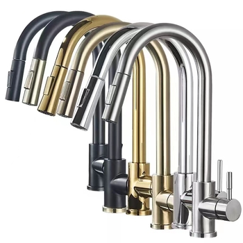 Baikal кухненски изтеглящ се смесител от неръждаема стомана, гореща и студена вода, матово покритие, керамичен дисков клапан