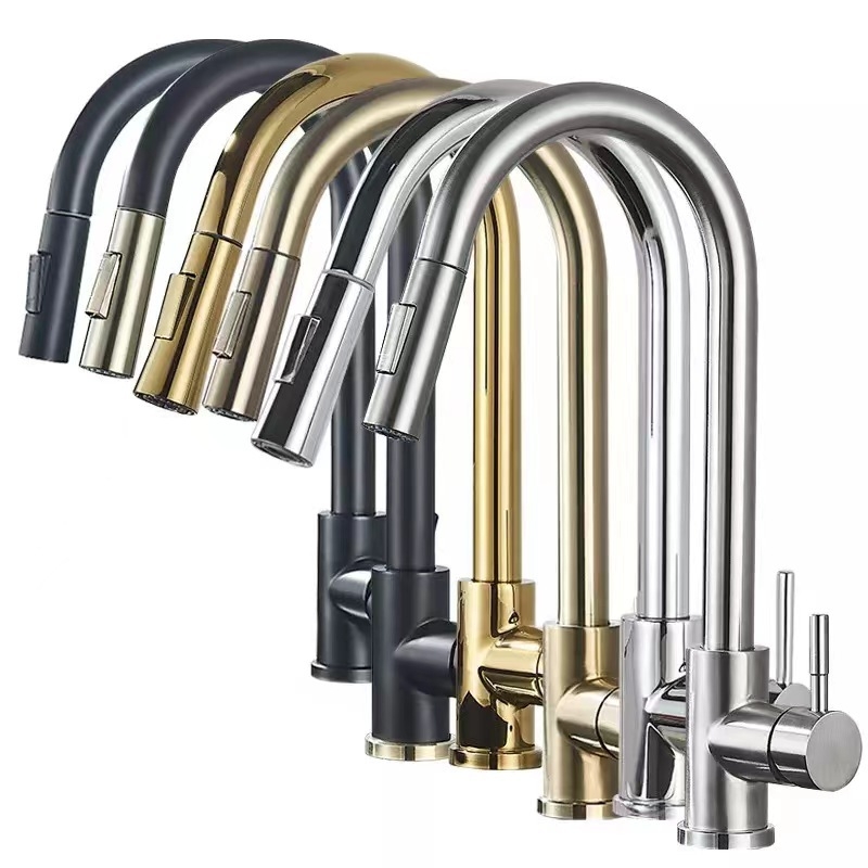 Baikal кухненски изтеглящ се смесител от неръждаема стомана, гореща и студена вода, матово покритие, керамичен дисков клапан