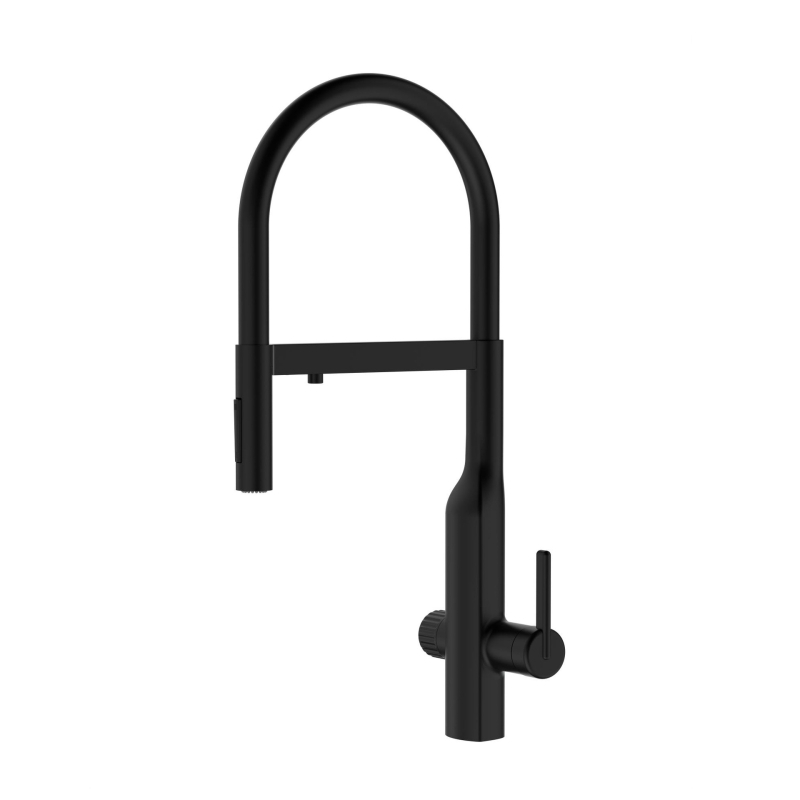 Три в едно месингов кухненски смесител за мивка с филтър за топла и студена вода, издърпващ пръскалник, никелирано покритие, керамичен диск клапан