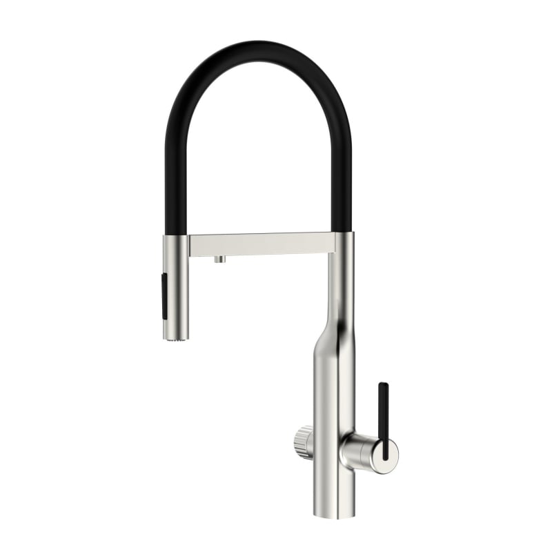 Три в едно месингов кухненски смесител за мивка с филтър за топла и студена вода, издърпващ пръскалник, никелирано покритие, керамичен диск клапан