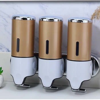 ABS пластмасов стенен дозатор за сапун/дезинфектант, с три дюзи, ръчно натискане, хромирана повърхност, модерен стил