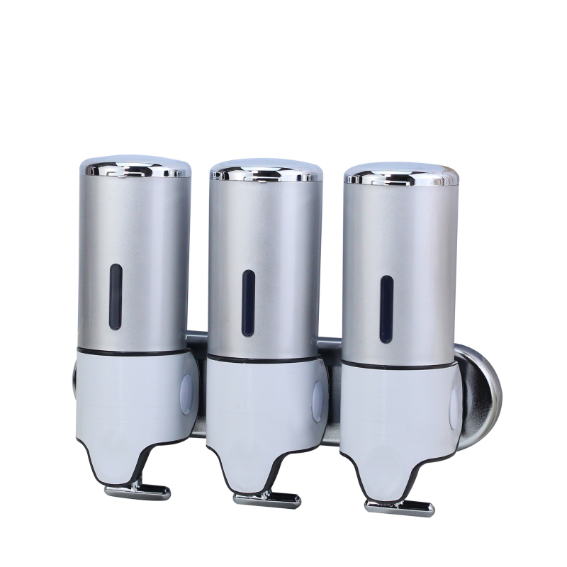 ABS пластмасов стенен дозатор за сапун/дезинфектант, с три дюзи, ръчно натискане, хромирана повърхност, модерен стил