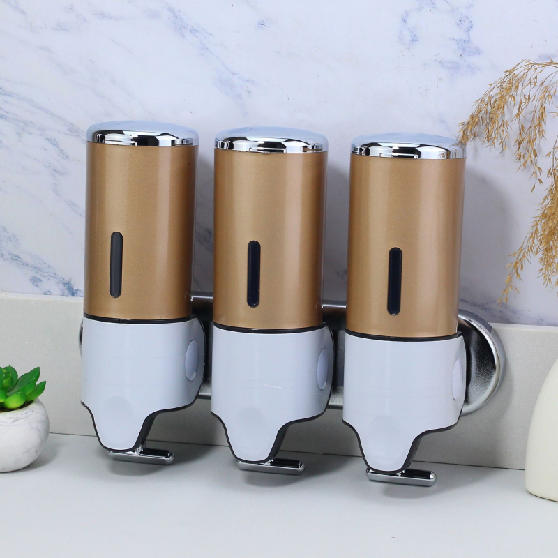 ABS пластмасов стенен дозатор за сапун/дезинфектант, с три дюзи, ръчно натискане, хромирана повърхност, модерен стил