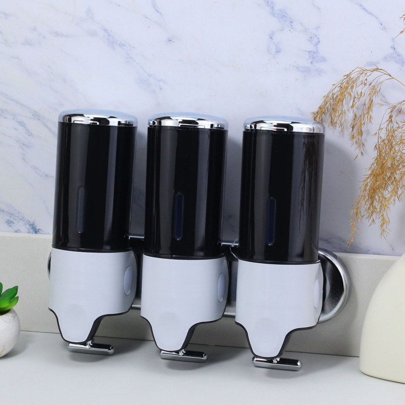 ABS пластмасов стенен дозатор за сапун/дезинфектант, с три дюзи, ръчно натискане, хромирана повърхност, модерен стил