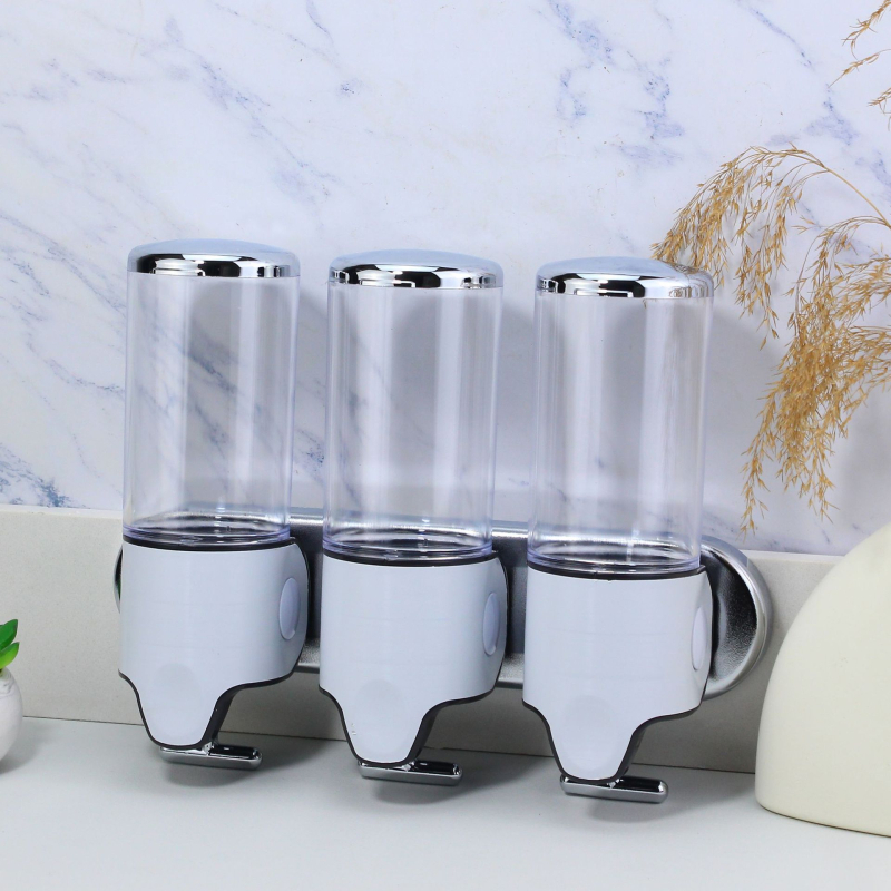 ABS пластмасов стенен дозатор за сапун/дезинфектант, с три дюзи, ръчно натискане, хромирана повърхност, модерен стил