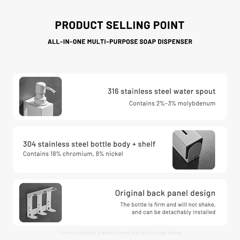 Caprena Dozator de săpun din oțel inoxidabil 304, montat pe perete – set de 3, acționare manuală, pentru hoteluri