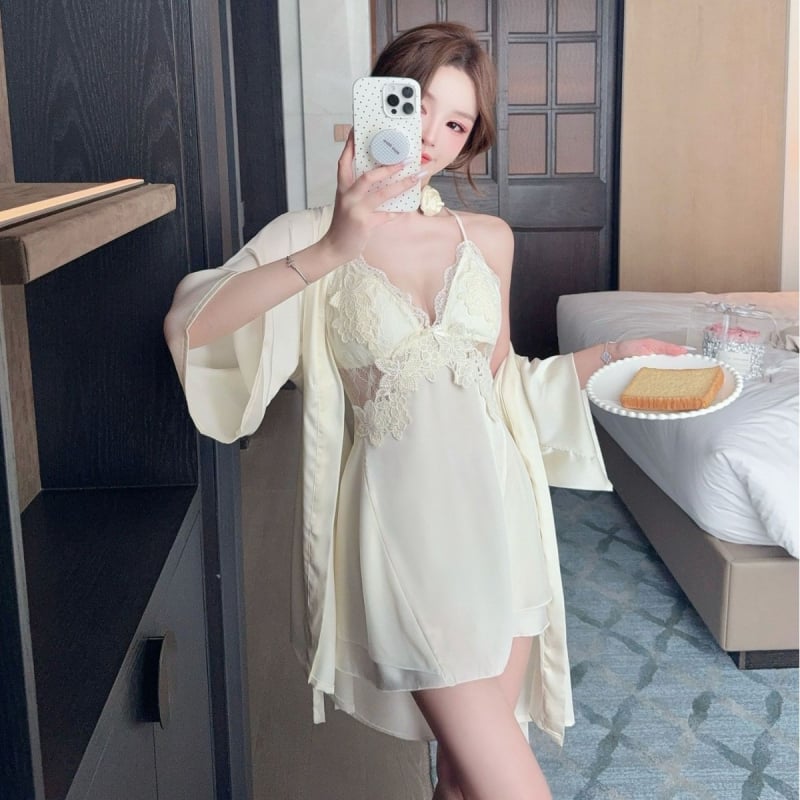 Noćna haljina s trakama od led silke, s jastučićima za grudi, čipka, V-izrez, kratka duljina, tanak materijal 121–140 g/m², poliester 95–100%, stil Pure Lust Wind