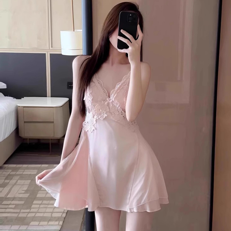 Noćna haljina s trakama od led silke, s jastučićima za grudi, čipka, V-izrez, kratka duljina, tanak materijal 121–140 g/m², poliester 95–100%, stil Pure Lust Wind