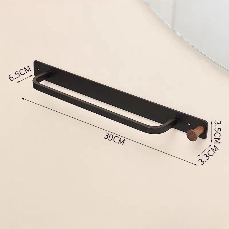 Zidni držač za ručnike s jednom šipkom, drvo + nehrđajući čelik, završna obrada pečenim lakom, nosivost 5 kg, s kukom, moderni minimalistički stil