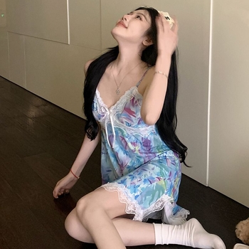 Ženska noćna haljina bez rukava s čipkom i otiskom, elastični pamuk, odvodi vlagu