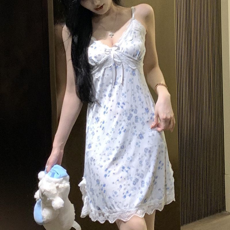 Ženska noćna haljina bez rukava s čipkom i otiskom, elastični pamuk, odvodi vlagu