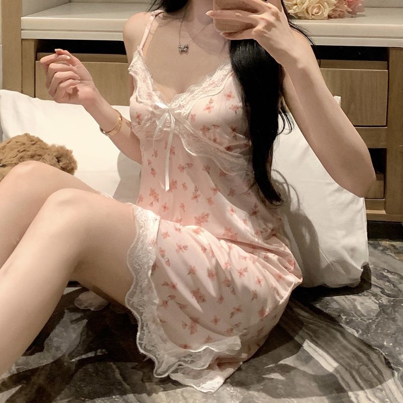 Ženska noćna haljina bez rukava s čipkom i otiskom, elastični pamuk, odvodi vlagu