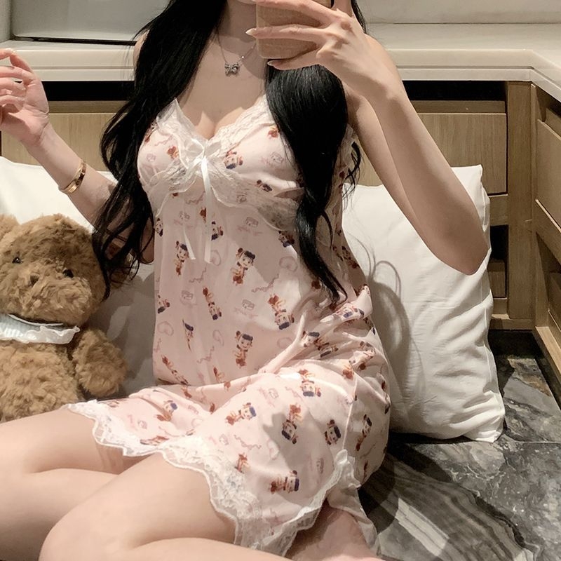 Ženska noćna haljina bez rukava s čipkom i otiskom, elastični pamuk, odvodi vlagu