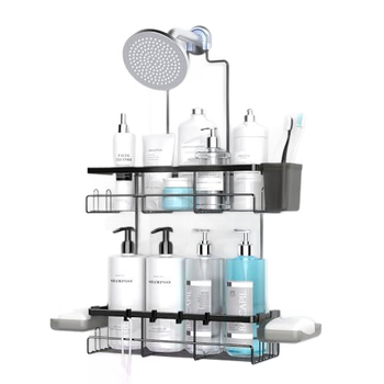 Безпробивен ъглов стенен рафт за баня за съхранение, двуетажен, от въглеродна стомана с прахово покритие, модел Zs-03