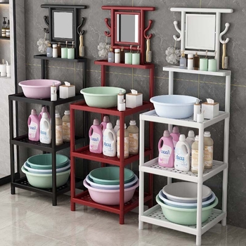 Raft de lavoar cu 3 etaje, pe podea, cu oglindă, din plastic, design simplu și modern pentru baie, mobil, montaj fără găuri