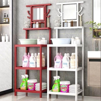 Raft de lavoar cu 3 etaje, pe podea, cu oglindă, din plastic, design simplu și modern pentru baie, mobil, montaj fără găuri