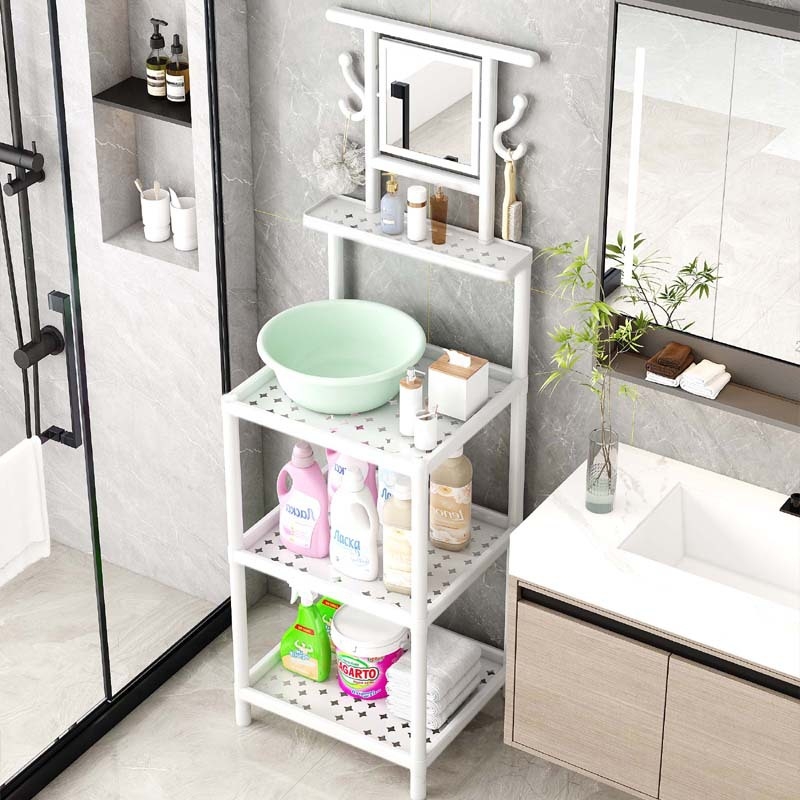 Raft de lavoar cu 3 etaje, pe podea, cu oglindă, din plastic, design simplu și modern pentru baie, mobil, montaj fără găuri