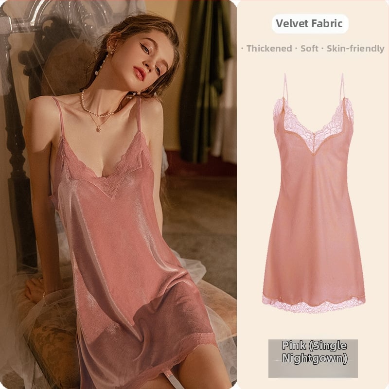 Divu gabalu samta pidžama komplekts: naktskleita ar camisole un halāts, Sling stils, V kakls, septiņi piedurknes, bieza materiāla 251–300 g/m², poliesteris