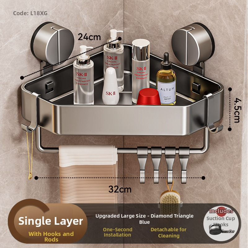 Стенна вакуумна поставка за баня с триъгълна кошница за съхранение, алуминиева сплав, модерен стил