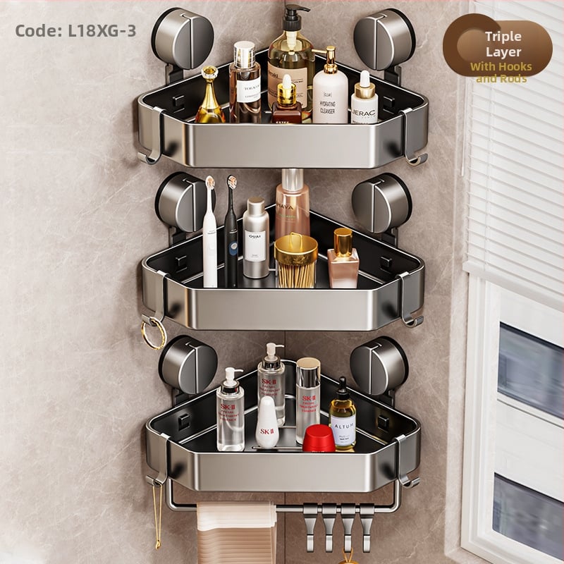 Стенна вакуумна поставка за баня с триъгълна кошница за съхранение, алуминиева сплав, модерен стил