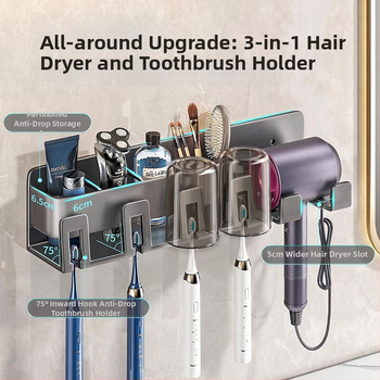 Стелаж за електрическа четка за зъби, стенен монтаж без пробиване, интегриран държач за сешоар и чаши за устата | алуминиева сплав, 15 кг носимост, 1 рафт, модерен минималистичен стил