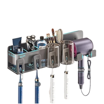 Стелаж за електрическа четка за зъби, стенен монтаж без пробиване, интегриран държач за сешоар и чаши за устата | алуминиева сплав, 15 кг носимост, 1 рафт, модерен минималистичен стил