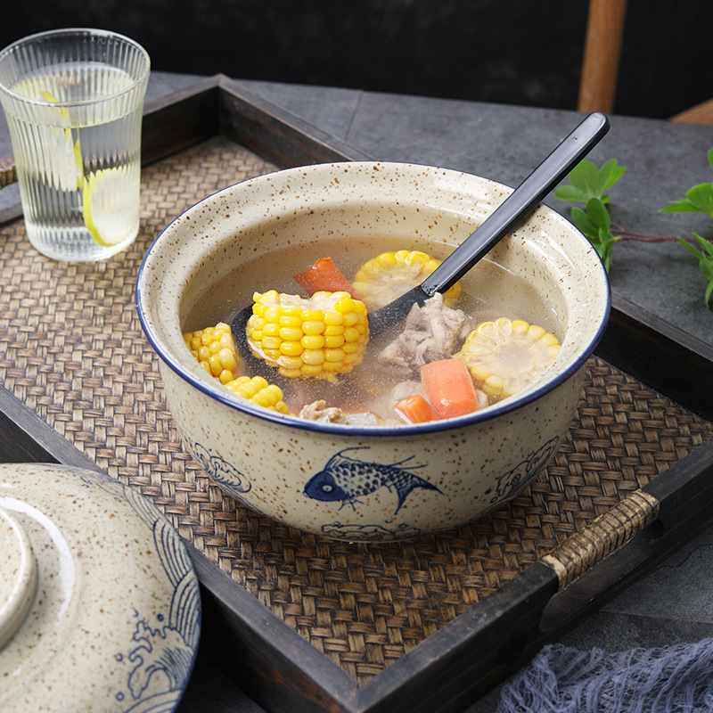 Vas de noodles din porțelan cu capac, formă rotundă, model floral, stil retro-lux, potrivit pentru cuptorul cu microunde