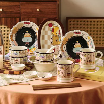 Set ceramic de boluri, farfurii și platouri cu model în dungi și formă neregulată, compatibil cu microunde, imprimare logo disponibil