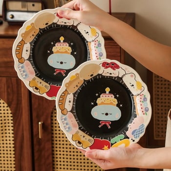 Set ceramic de boluri, farfurii și platouri cu model în dungi și formă neregulată, compatibil cu microunde, imprimare logo disponibil