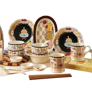 Set ceramic de boluri, farfurii și platouri cu model în dungi și formă neregulată, compatibil cu microunde, imprimare logo disponibil