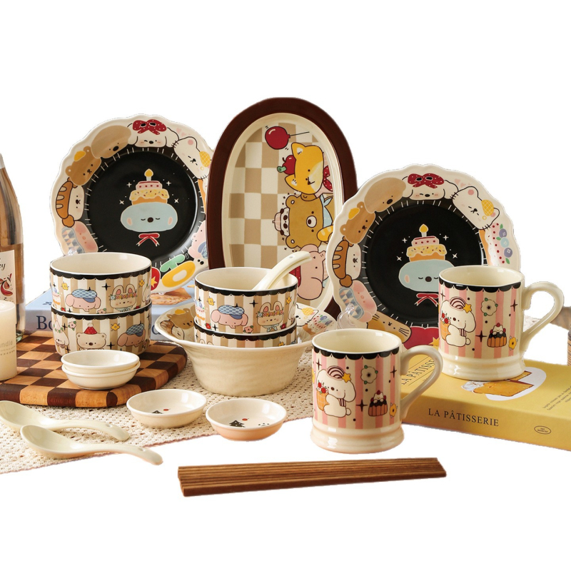 Set ceramic de boluri, farfurii și platouri cu model în dungi și formă neregulată, compatibil cu microunde, imprimare logo disponibil