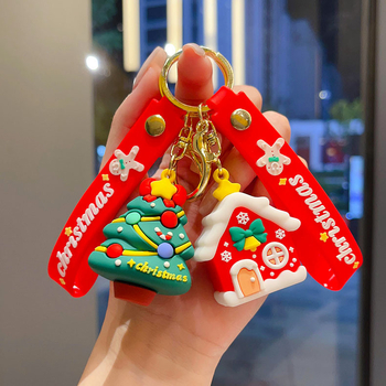 Cheie-inel PVC în stil desen animat cu pandantiv Moș Crăciun, brad de Crăciun și ren, ambalaj individual